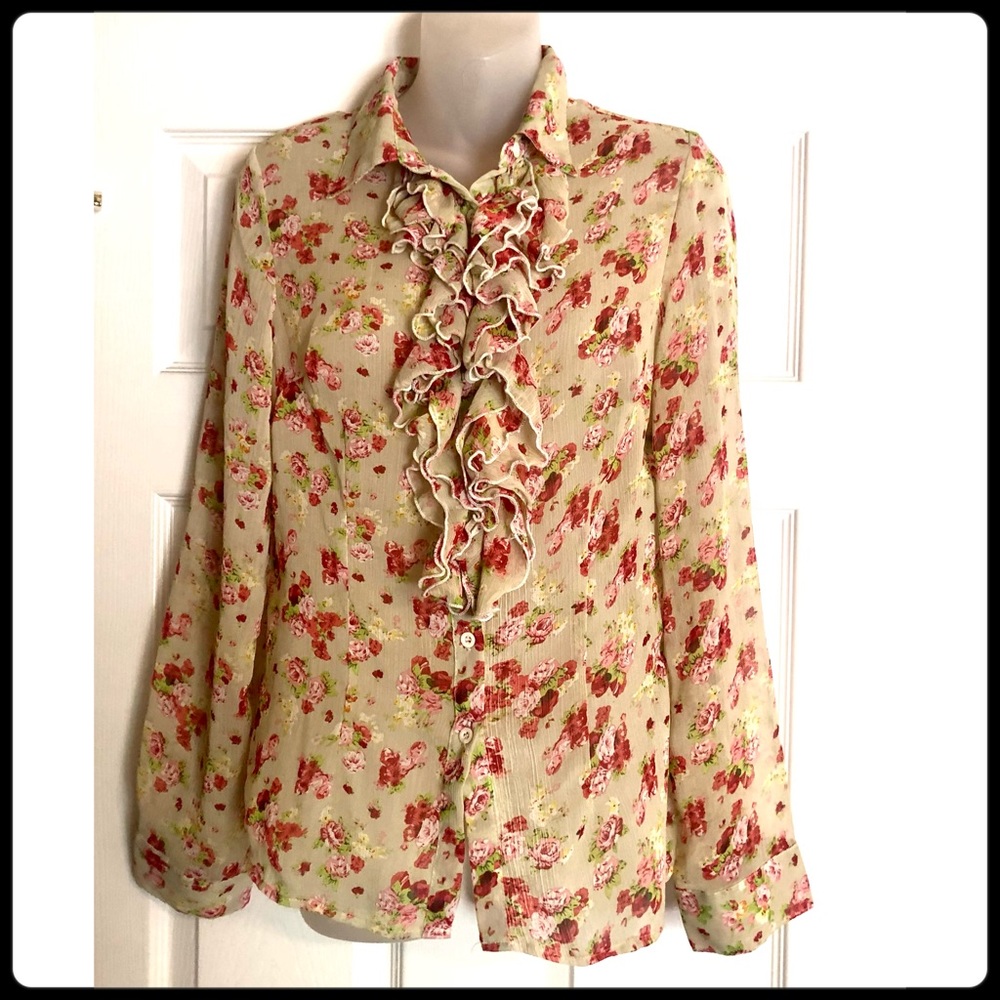 Sheer Mesh Floral Tuxedo Ruffle Long Sleeve Shirt Cottagecore Style